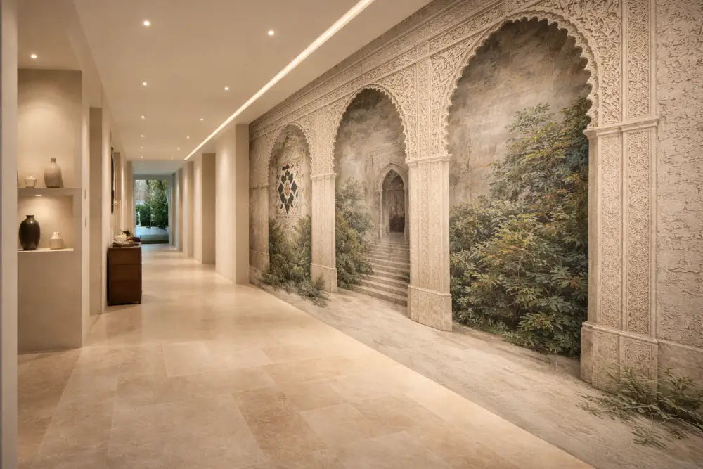 Mural d’arche en pierre beige avec des sculptures intricées et de la verdure peinte.