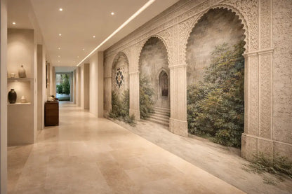 Mural d’arche en pierre beige avec des sculptures intricées et de la verdure peinte.