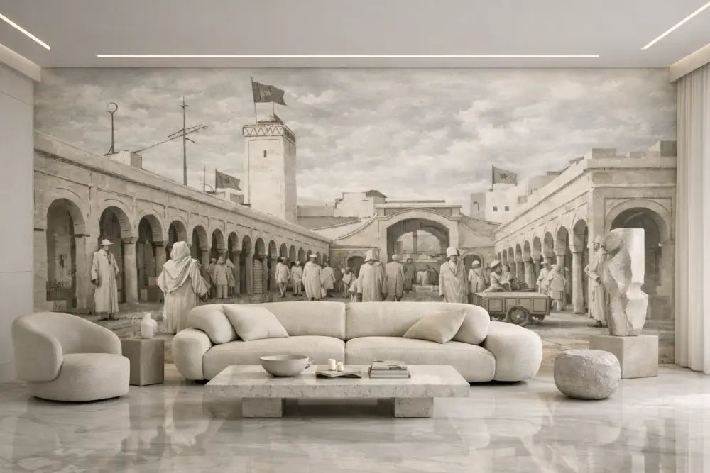 Papier Peint Panoramique Essaouira Noir & Blanc Premium | Pixara