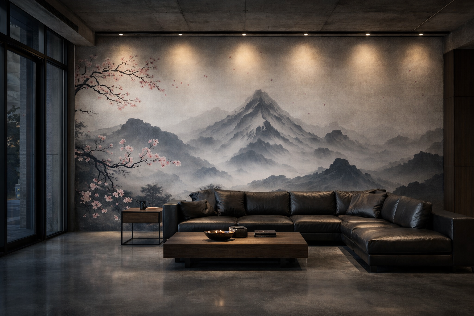 Papier Peint Panoramique Montagnes Brume & Cerisier – Fresque Zen Premium