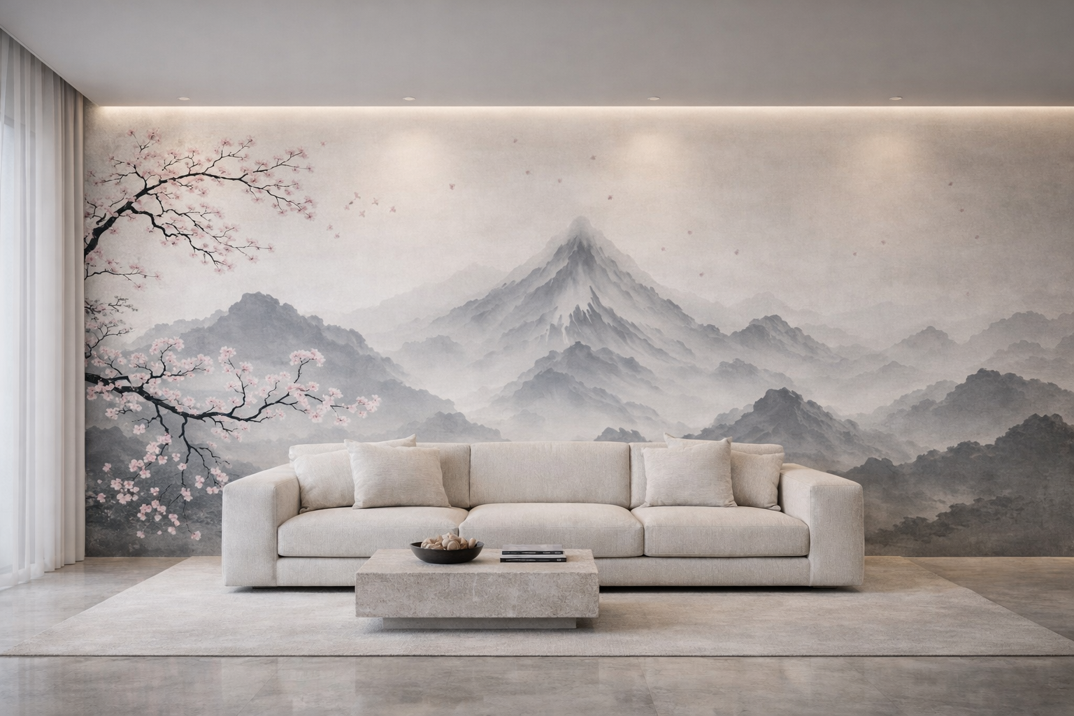 Papier Peint Panoramique Montagnes Brume & Cerisier – Fresque Zen Premium