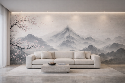 Papier Peint Panoramique Montagnes Brume & Cerisier – Fresque Zen Premium