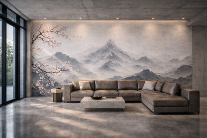 Papier Peint Panoramique Montagnes Brume & Cerisier – Fresque Zen Premium