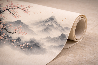 Papier Peint Panoramique Montagnes Brume & Cerisier – Fresque Zen Premium