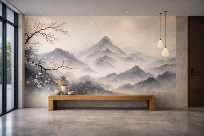 Papier Peint Panoramique Montagnes Brume & Cerisier – Fresque Zen Premium