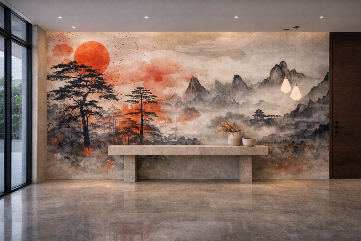 Papier Peint Panoramique Paysage Asiatique Soleil Rouge – Fresque Architecturale