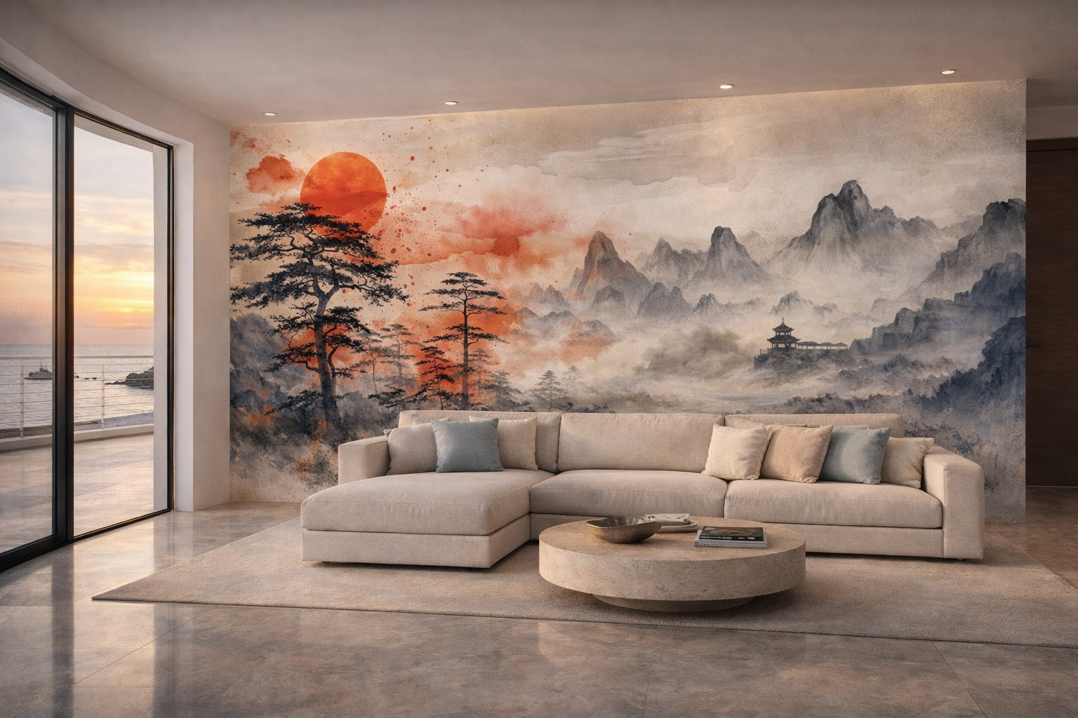 Papier Peint Panoramique Paysage Asiatique Soleil Rouge – Fresque Architecturale