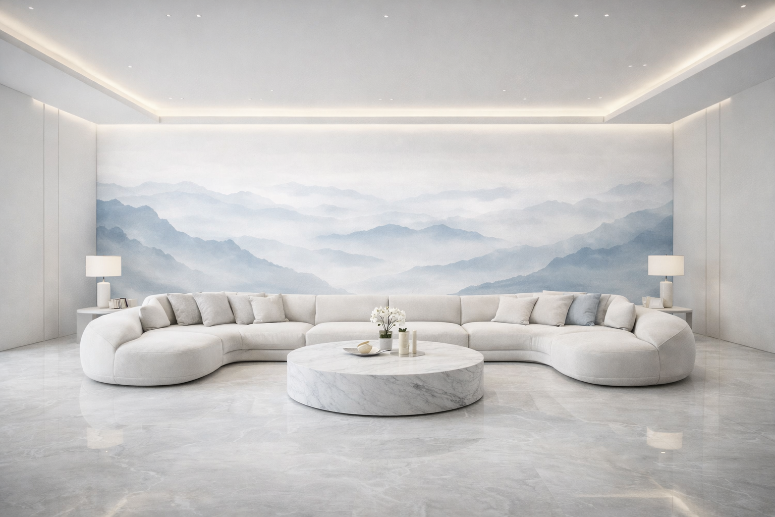 Papier Peint Panoramique Montagnes Brumeuses – Brume Éthérée | Pixara