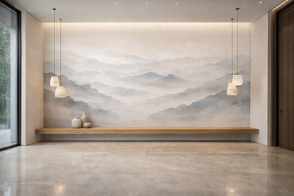 Papier Peint Panoramique Montagnes Brumeuses – Brume Éthérée | Pixara