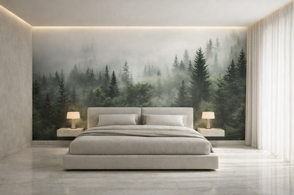 Papier Peint Panoramique Forêt Brumeuse – Vert Sapin Premium | Pixara