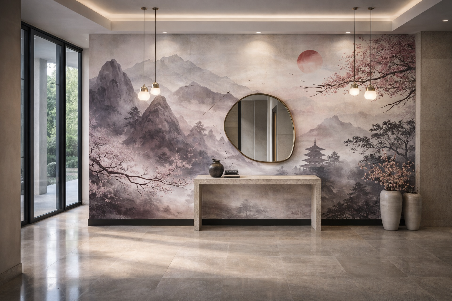 Estampe Sakura Brumeuse — Papier Peint Panoramique Premium