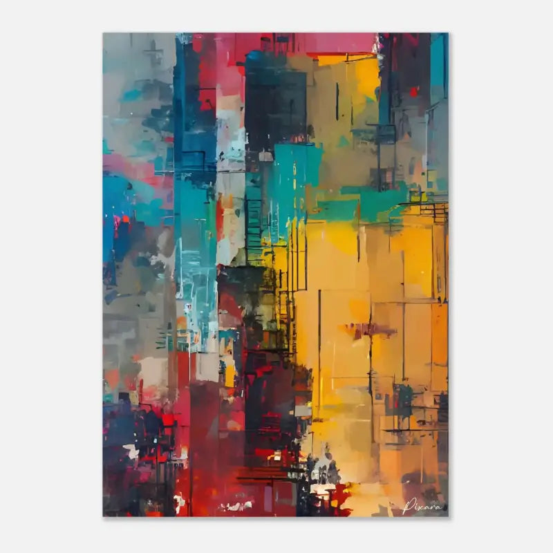 Peinture abstraite sur toile présentant des coups de pinceau audacieux en teal, jaune, rouge et noir sur un fond texturé.