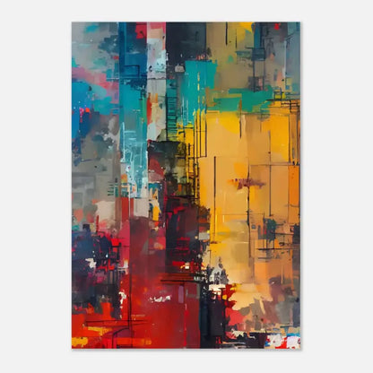 Peinture abstraite sur toile vibrante présentant des rayures verticales audacieuses en teal, jaune, rouge et noir avec des coups de pinceau texturés.