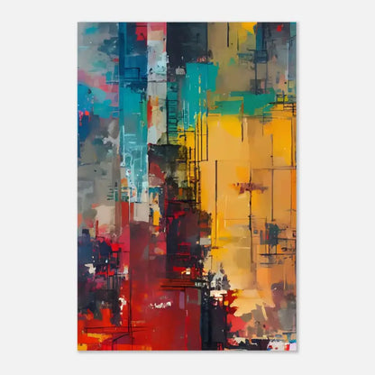 Peinture abstraite sur toile présentant des coups de pinceau verticaux audacieux en teal, jaune, rouge et noir avec un travail de pinceau texturé.