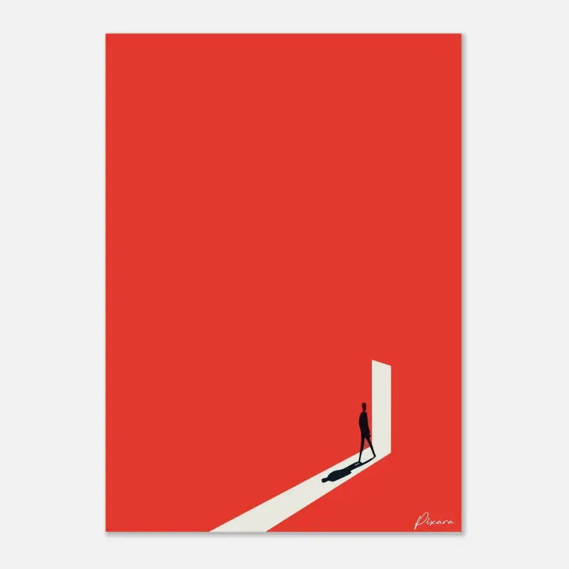 Une estampe d’art minimaliste présentant une silhouette noire d’une personne entrant dans une porte blanche sur un fond rouge vibrant.