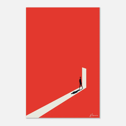 Une estampe d’art minimaliste présentant une silhouette noire d’une personne marchant dans une porte blanche sur un fond rouge vibrant.