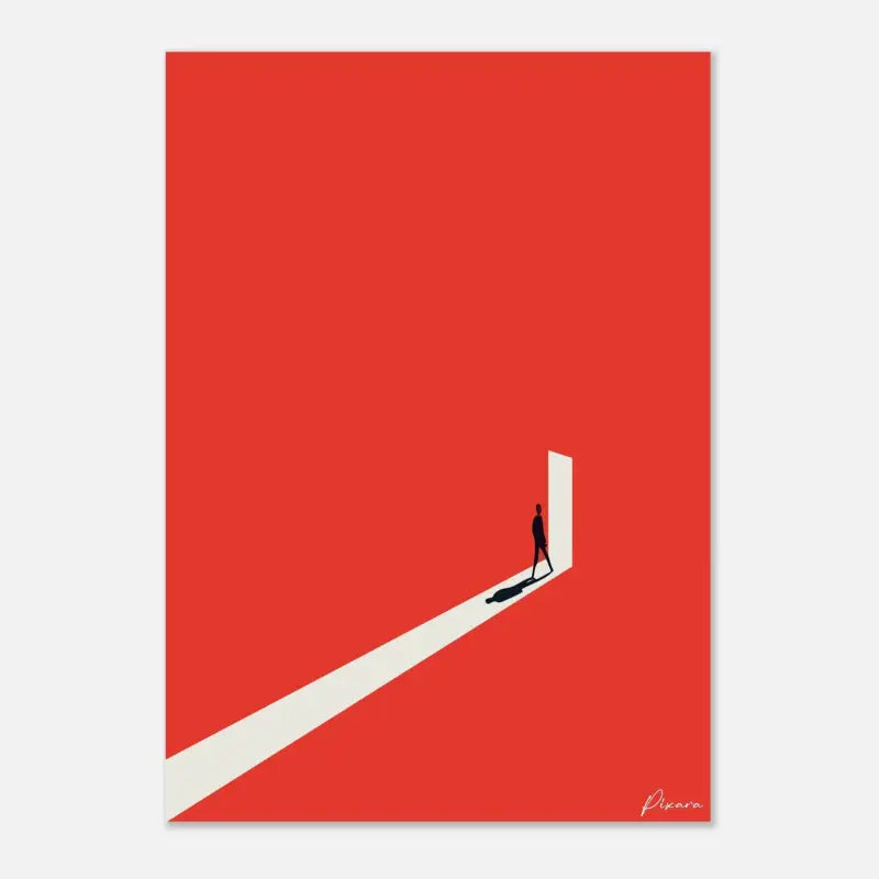 Une estampe d’art minimaliste mettant en vedette une silhouette noire d’une personne marchant dans une porte blanche sur un fond rouge audacieux.