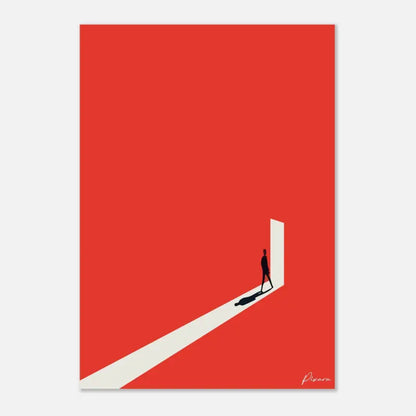 Une impression d’art minimaliste présentant une silhouette noire d’une personne entrant dans une porte blanche sur un fond rouge vibrant.