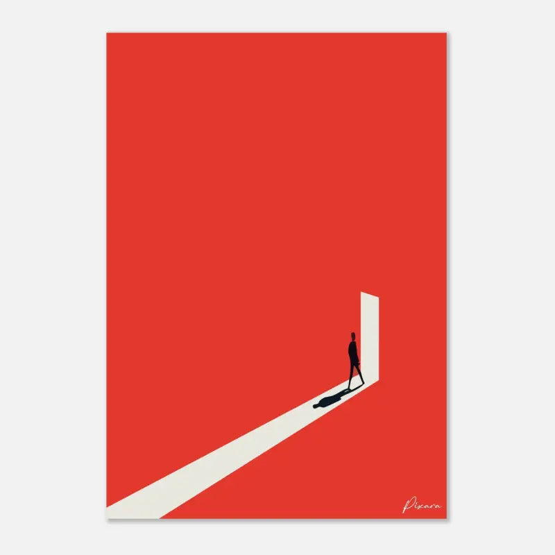 Une impression d’art minimaliste présentant une silhouette noire d’une personne entrant dans une porte blanche sur un fond rouge vibrant.