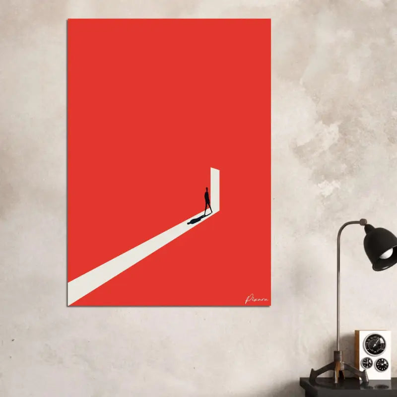 Impression sur toile minimaliste rouge présentant une silhouette noire d’une personne marchant le long d’un chemin diagonal blanc vers une porte ouverte.