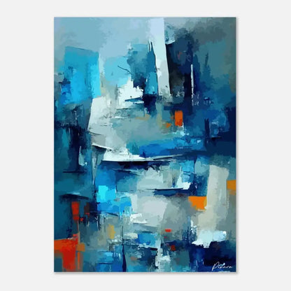 Peinture abstraite mettant en scène des coups de pinceau audacieux en bleu, blanc et orange.