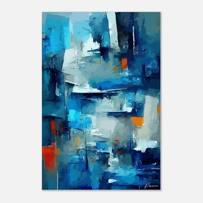 Peinture abstraite mettant en scène des coups de pinceau audacieux en bleu, blanc et orange.