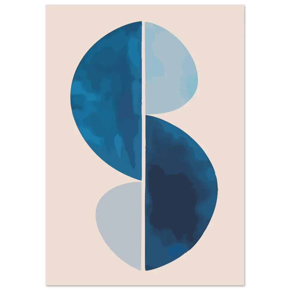 Impression abstraite présentant deux formes en S superposées en tons aquarelle bleu foncé et clair sur un fond beige doux.