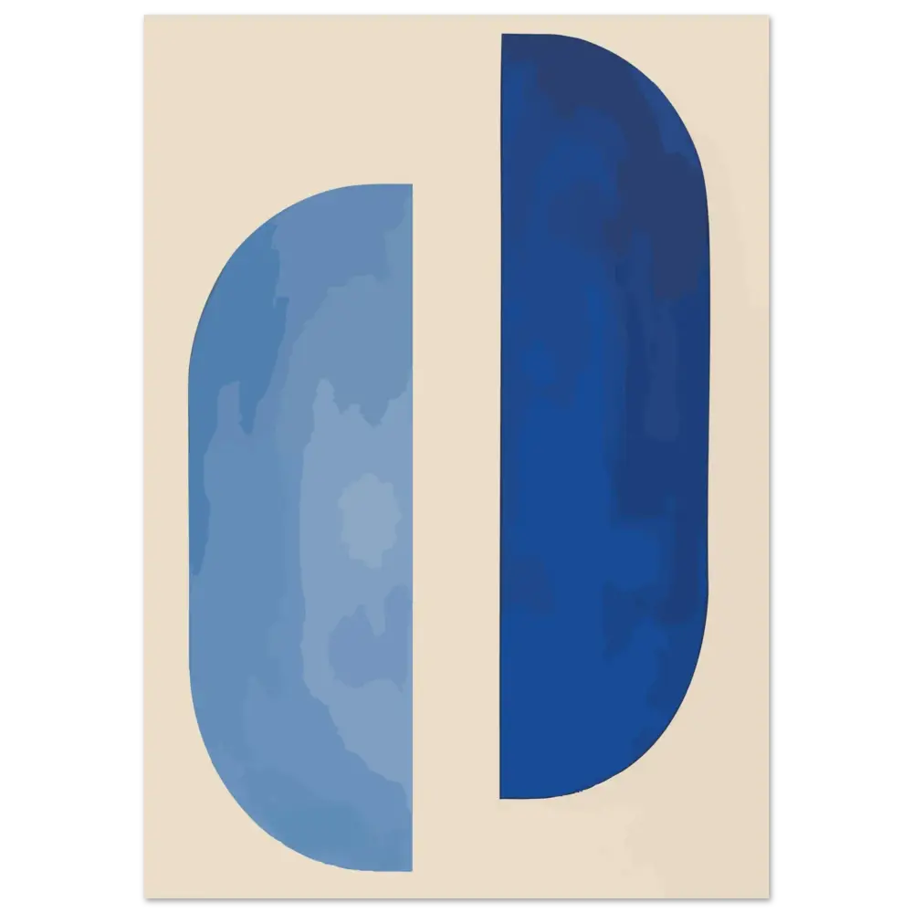 Œuvre d’art minimaliste abstraite en bleu et crème présentant un design stylisé de la lettre « d » divisée verticalement.