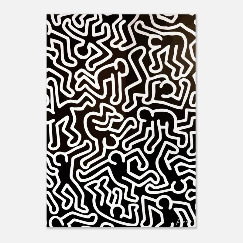 Impression d’art abstrait en noir et blanc mettant en scène des figures en lignes continues audacieuses dans un motif dynamique et énergique.