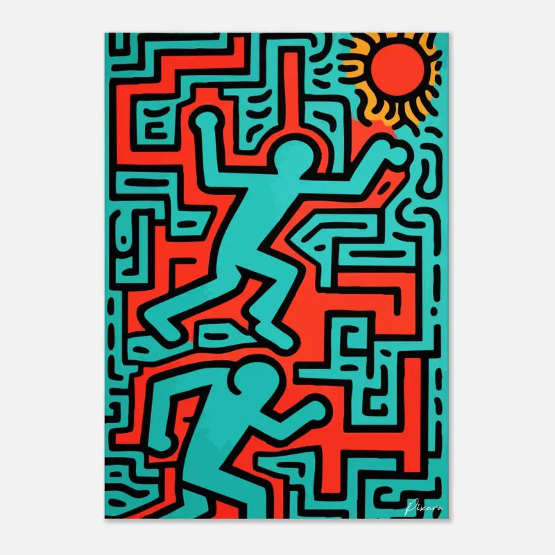 Œuvre d’art abstrait vibrante présentant des figures stylisées turquoise et rouges sur un fond turquoise, avec des contours noirs audacieux et un soleil orange rayonnant dans le coin.