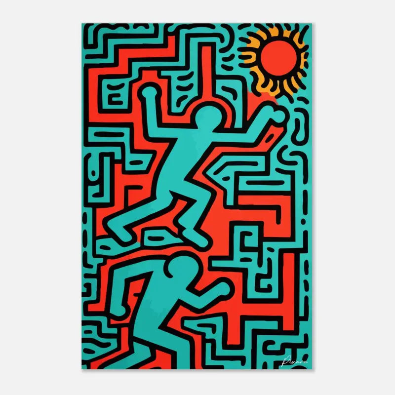 Œuvre abstraite vibrante en turquoise et rouge présentant des figures stylisées en mouvement sur un motif en forme de labyrinthe, signée par Keith Haring.