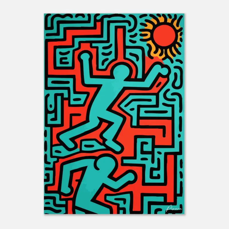 Œuvre d’art abstraite vibrante en turquoise et rouge présentant des figures stylisées dans un motif labyrinthique avec des contours noirs audacieux, signée par Keith Haring.
