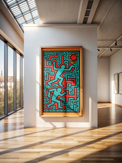 Une œuvre d’art encadrée vibrante mettant en scène deux figures turquoise stylisées courant à travers un labyrinthe rouge sur un fond turquoise avec un motif de soleil.