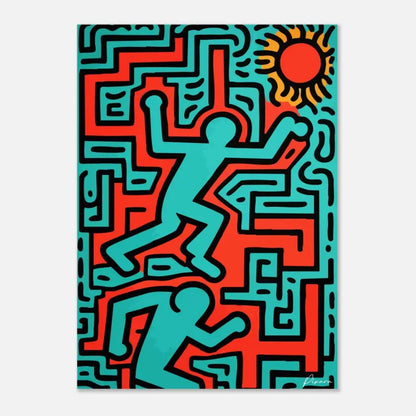Œuvre d’art abstraite vibrante en turquoise et rouge présentant des figures stylisées dans un motif labyrinthique avec des contours noirs audacieux, signée par Keith Haring.