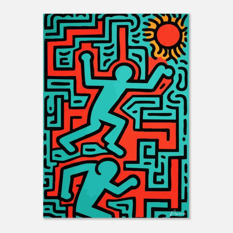 Œuvre d’art abstraite vibrante en turquoise et rouge présentant des figures stylisées dans un motif labyrinthique avec des contours noirs audacieux, signée par Keith Haring.