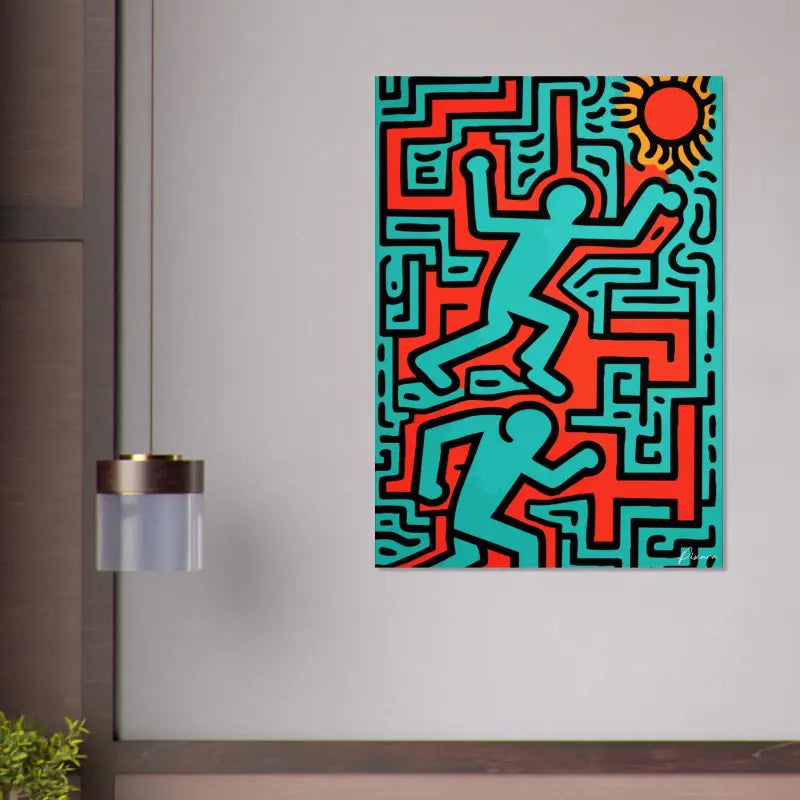 Toile abstraite vibrante turquoise et rouge présentant des figures stylisées en mouvement sur un motif en forme de labyrinthe, signée par Keith Haring.