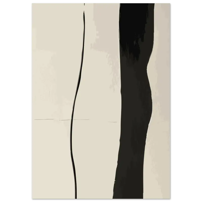 Pièce d’art abstrait noir et crème abstraite mettant en vedette des formes de traits de pinceau verticaux audacieux.