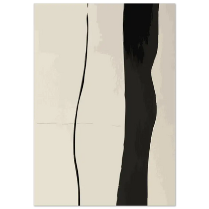 Art abstrait minimaliste sur toile présentant des coups de pinceau noirs audacieux sur un fond crème hors-blanc.