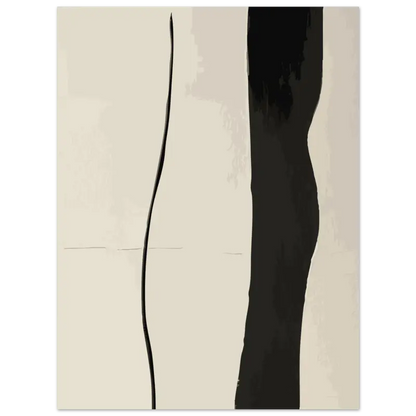 Peinture abstraite minimaliste présentant des coups de pinceau noirs audacieux sur un fond doux blanc cassé.