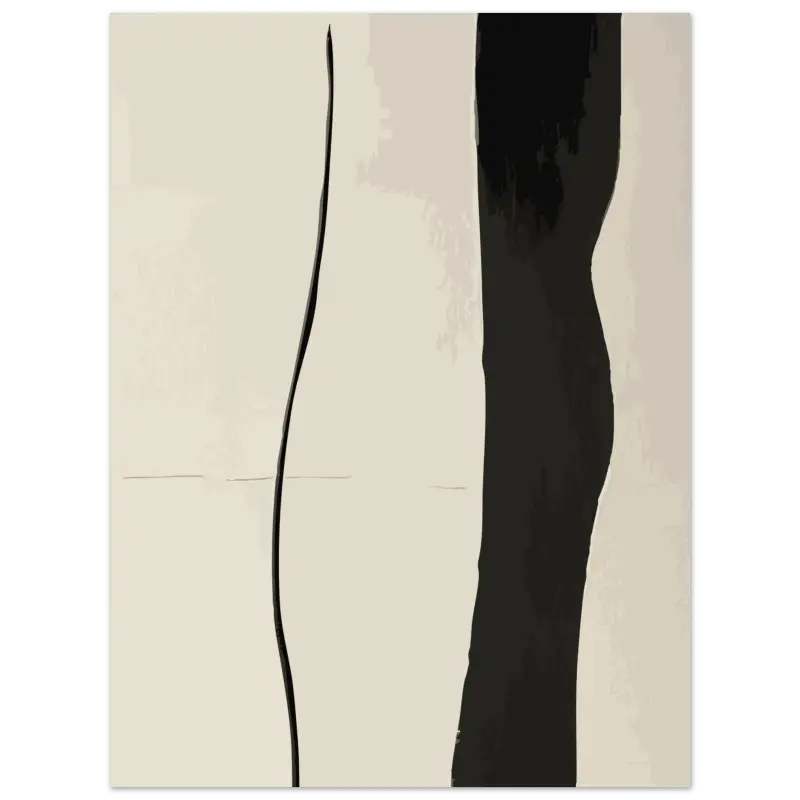 Peinture abstraite minimaliste présentant des coups de pinceau noirs audacieux sur un fond doux blanc cassé.