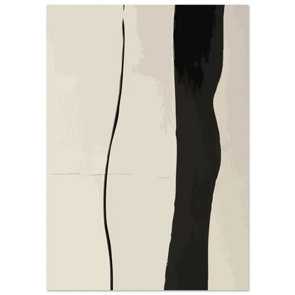 Peinture minimaliste abstraite mettant en vedette des coups de pinceau noirs audacieux sur un fond doux blanc cassé.