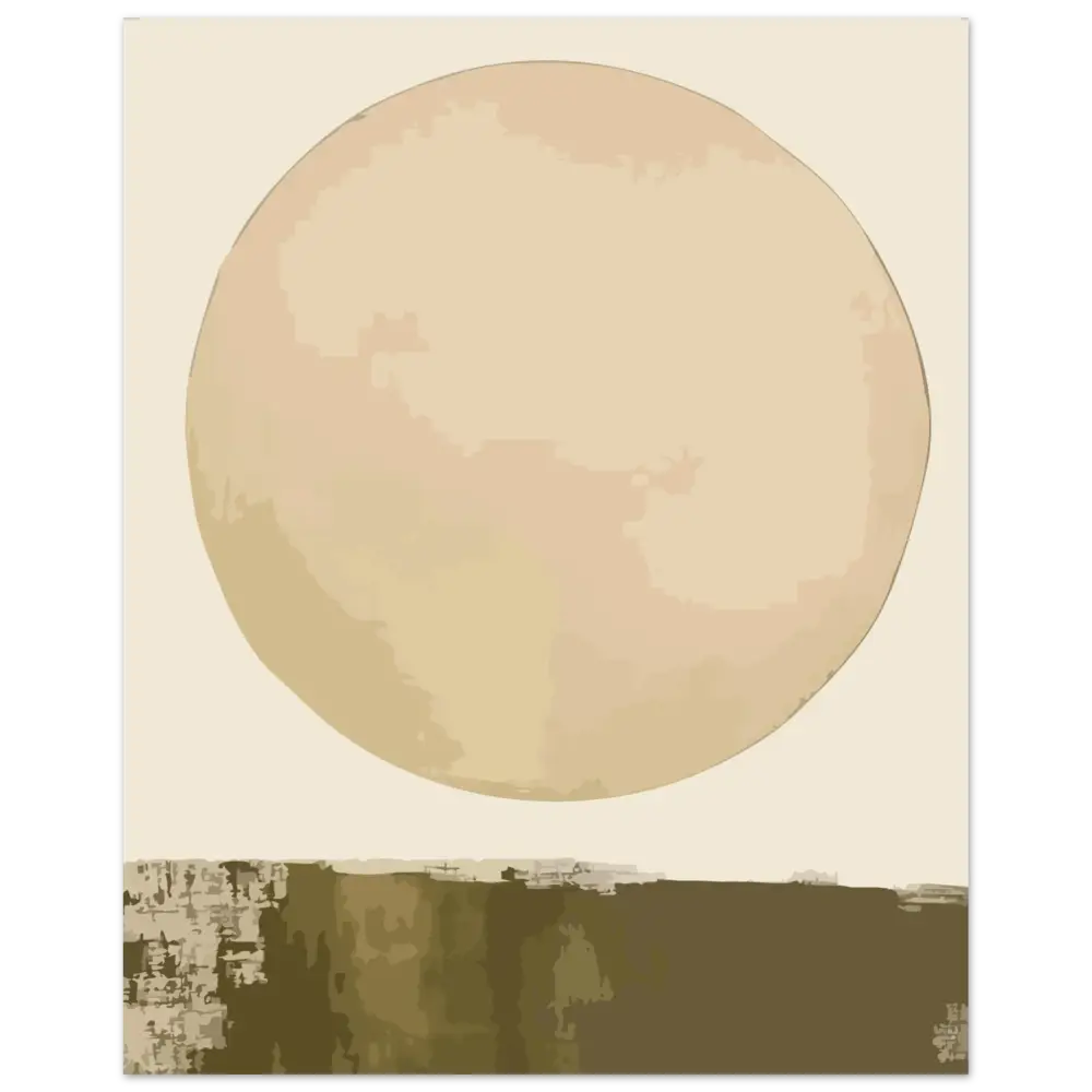 Une peinture abstraite minimaliste mettant en scène une grande forme circulaire beige pâle sur un fond crème atténué avec des tons terreux texturés en dessous.