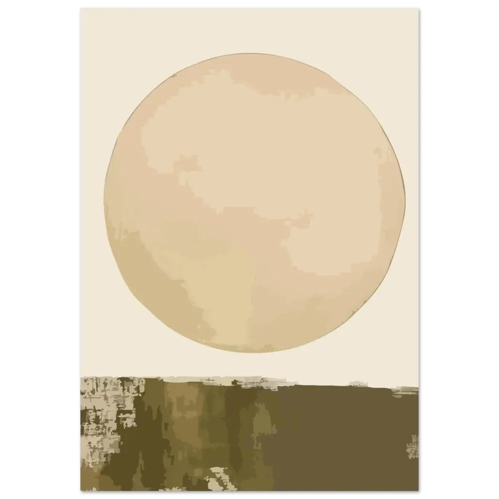 Une peinture abstraite minimaliste présentant une grande forme circulaire beige pâle sur un fond crème atténué avec des bandes horizontales texturées marron terreux en dessous.