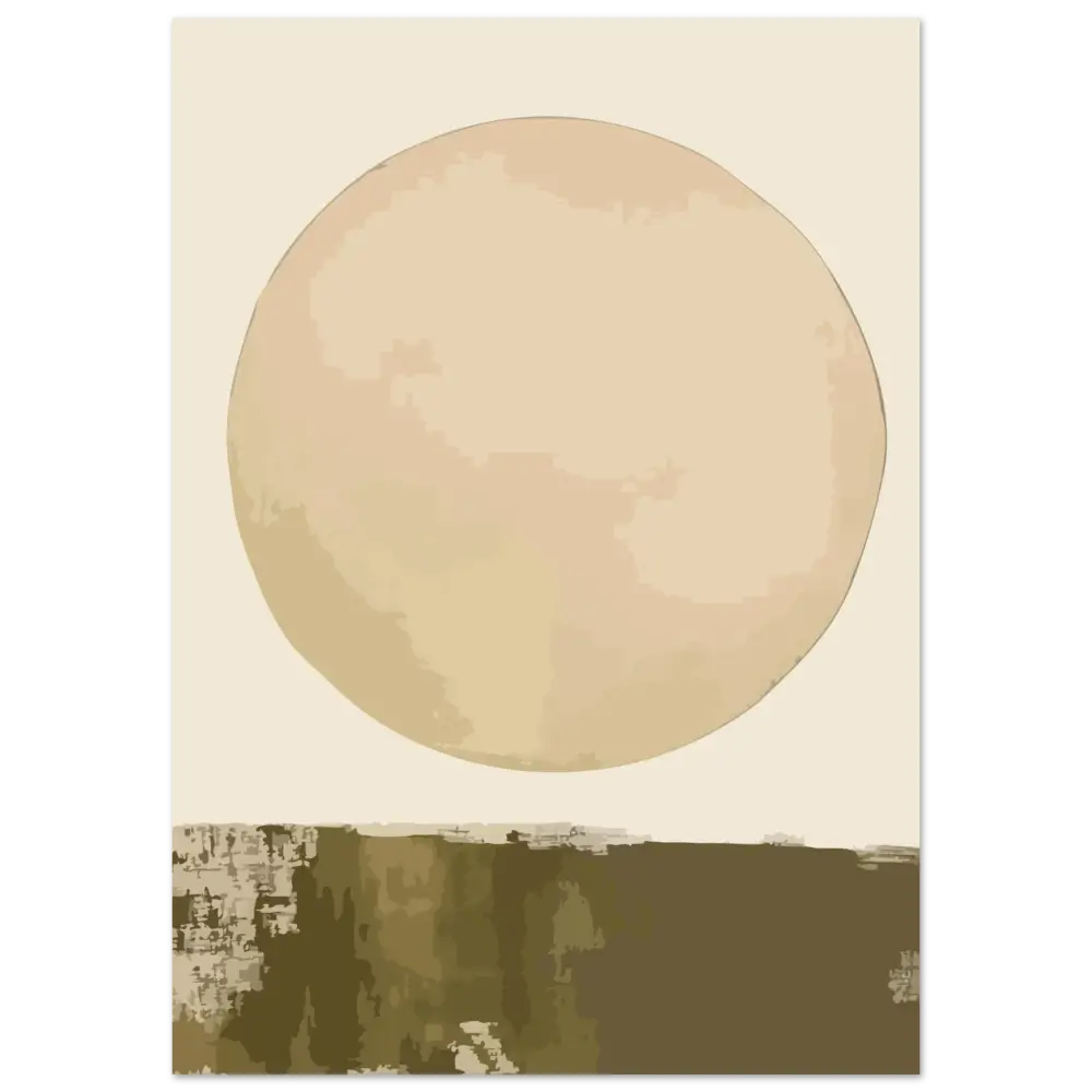 Une impression d’art abstrait minimaliste mettant en scène un grand cercle beige doux au-dessus d’un paysage brun texturé.