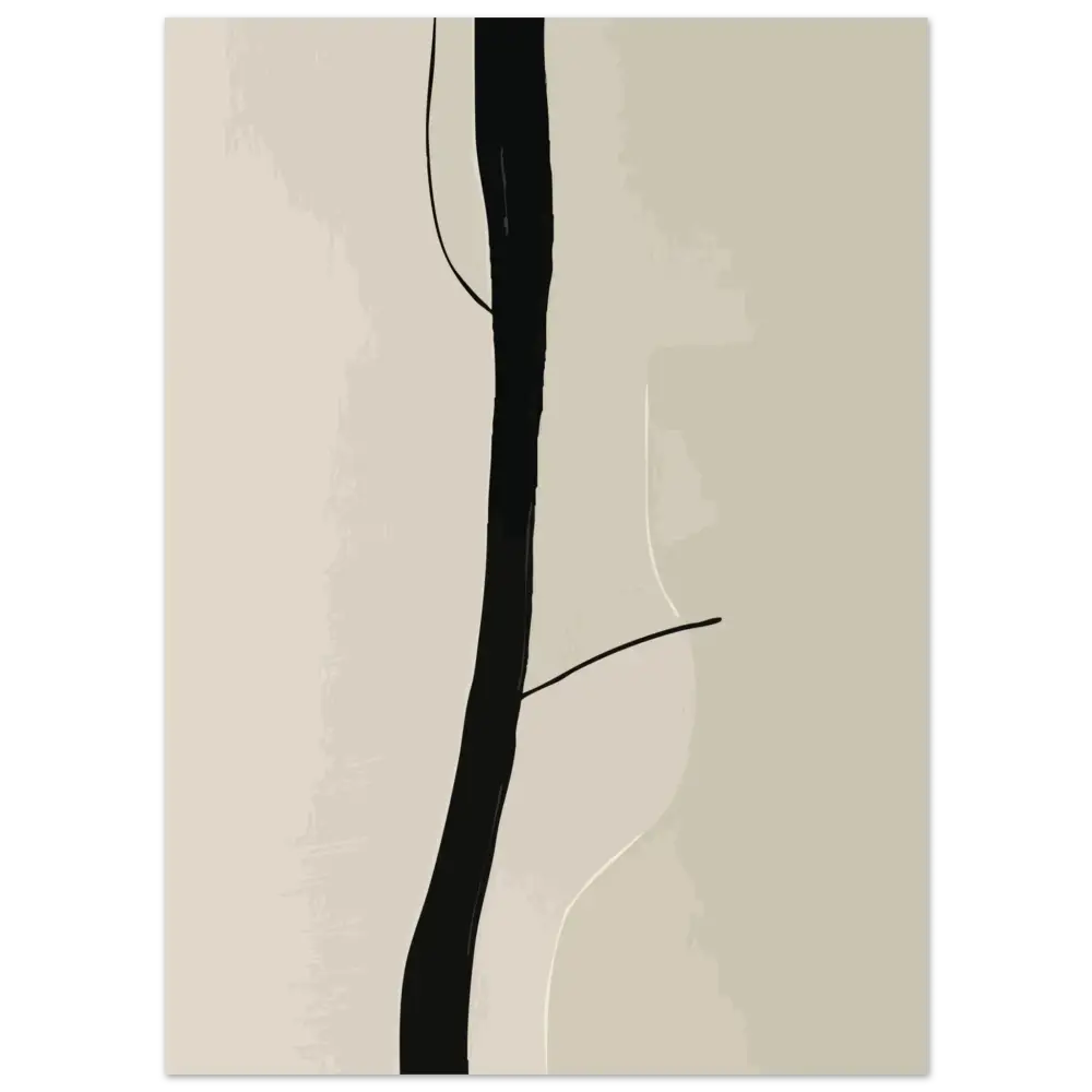 Impression d’art abstrait minimaliste présentant une ligne verticale noire audacieuse sur un fond beige doux.