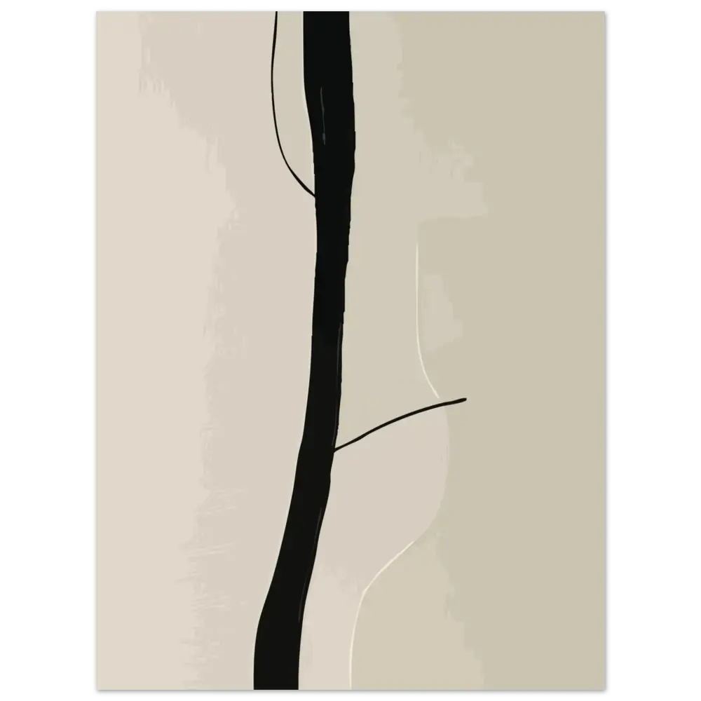 Impression d’art abstrait minimaliste présentant une ligne verticale noire audacieuse sur un fond beige doux.