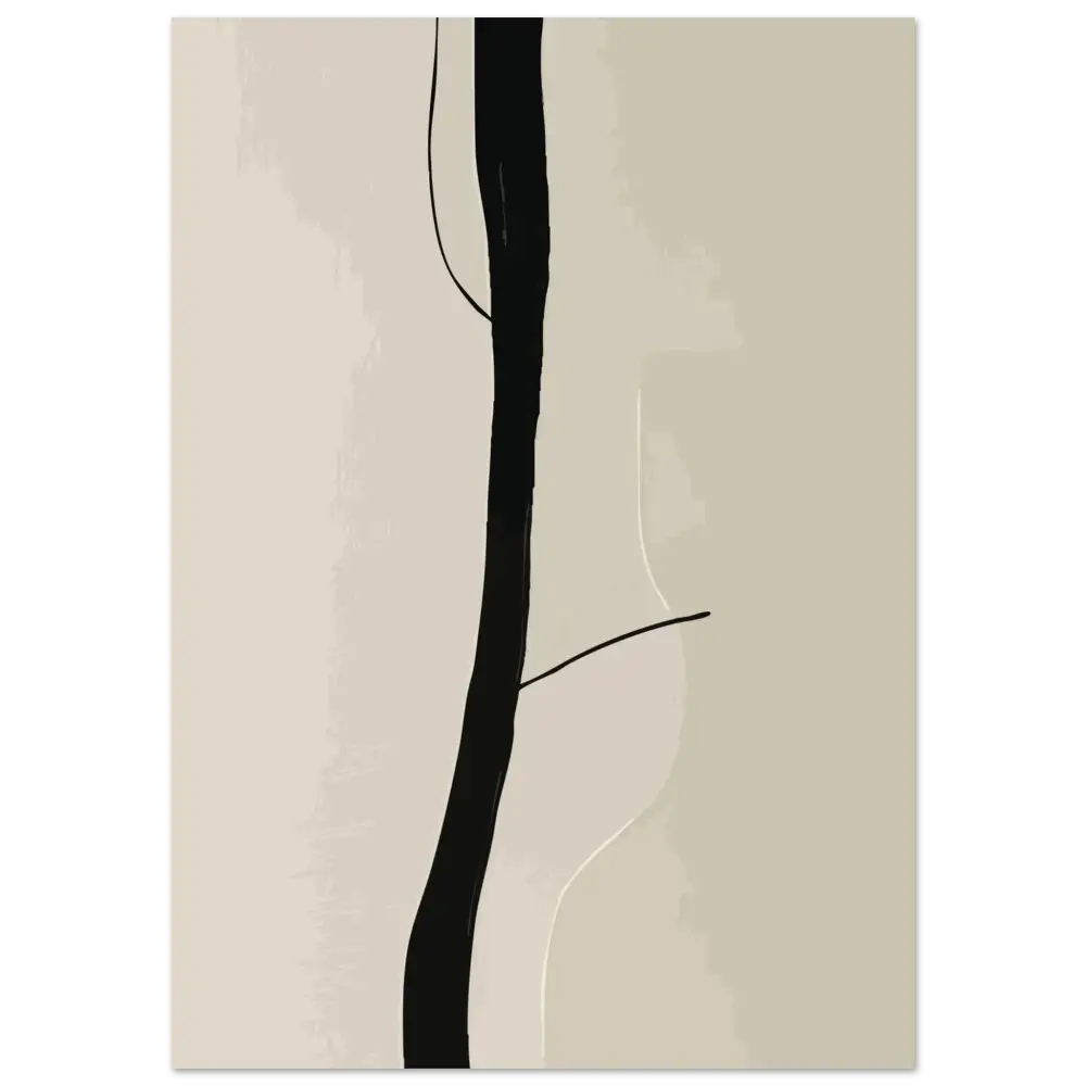 Impression d’art abstrait minimaliste mettant en vedette une ligne verticale noire audacieuse sur un fond beige doux.