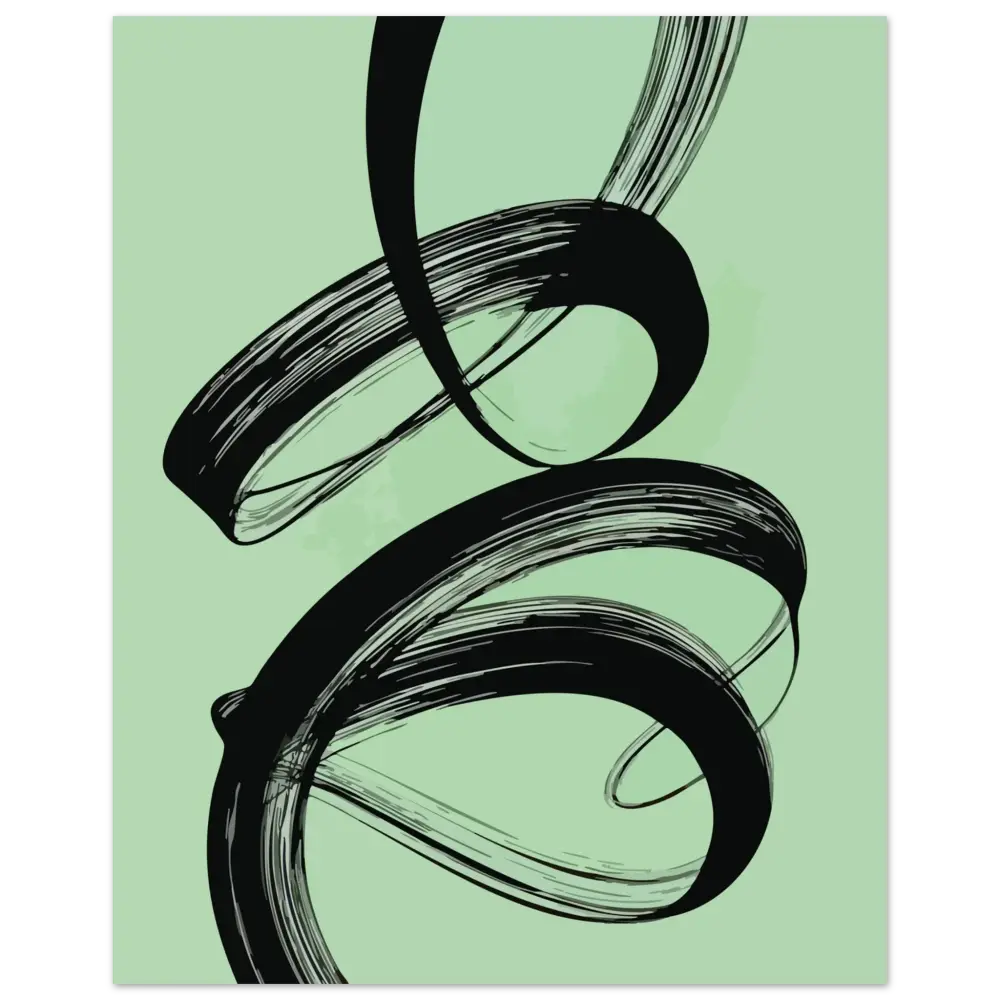 Art abstrait à coups de pinceau noirs sur un fond vert menthe.