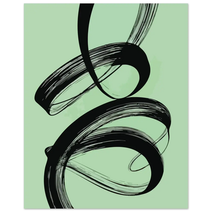 Art abstrait à coups de pinceau noirs sur un fond vert menthe.