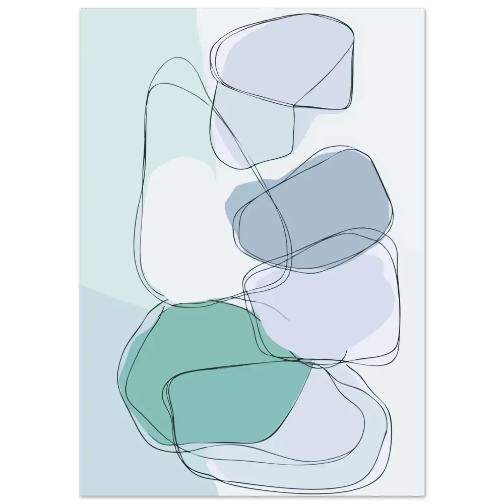 Impression d’art abstrait mettant en scène des formes organiques superposées en vert sauge doux, bleu-gris feutré et blanc, délimitées par de fines lignes noires.